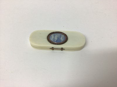 Lot 751 - Fine large Georgian ivory tooth pick case with classical jasperware plaque to lid with yellow metal and cut steel bezel 9.1 cm x 3.5 cm