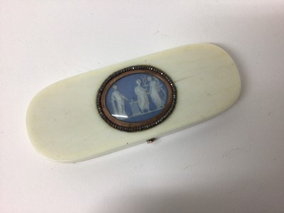 Lot 751 - Fine large Georgian ivory tooth pick case with classical jasperware plaque to lid with yellow metal and cut steel bezel 9.1 cm x 3.5 cm