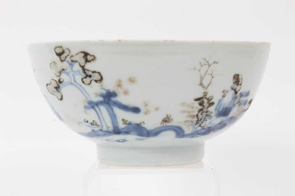 Lot 133 - Chinese Nanking cargo porcleain bowl, decorated in underglaze blue and enamels with a landscape scene, collection label to base, 15cm diameter