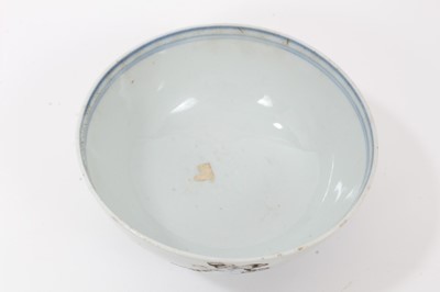 Lot 133 - Chinese Nanking cargo porcleain bowl, decorated in underglaze blue and enamels with a landscape scene, collection label to base, 15cm diameter