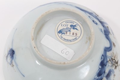 Lot 133 - Chinese Nanking cargo porcleain bowl, decorated in underglaze blue and enamels with a landscape scene, collection label to base, 15cm diameter