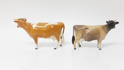 Lot 93 - Beswick Jersey Cow - CH Newton Tinkle, model no. 1345, designed by Arthur Gredington, 10.8cm high, together with Guernsey Cow, and Bull plus a Limousin calf(4)
