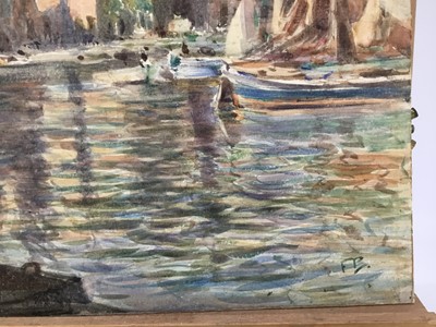 Lot 125 - Attributed to Frank Brangwyn watercolour - Continental harbour