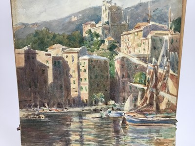 Lot 125 - Attributed to Frank Brangwyn watercolour - Continental harbour