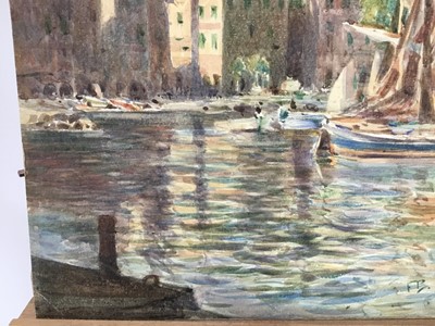 Lot 125 - Attributed to Frank Brangwyn watercolour - Continental harbour