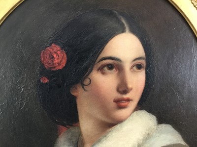 Lot 17 - Victorian English School oil on canvas - oval portrait of a pretty young lady, 41cm x 50cm, in gilt frame