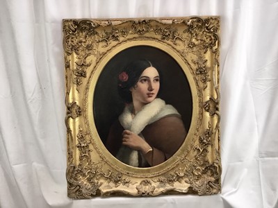 Lot 17 - Victorian English School oil on canvas - oval portrait of a pretty young lady, 41cm x 50cm, in gilt frame