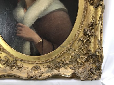 Lot 17 - Victorian English School oil on canvas - oval portrait of a pretty young lady, 41cm x 50cm, in gilt frame