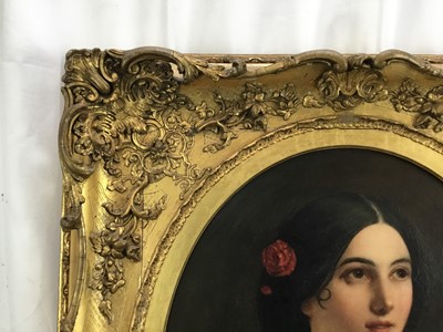 Lot 17 - Victorian English School oil on canvas - oval portrait of a pretty young lady, 41cm x 50cm, in gilt frame