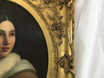 Lot 17 - Victorian English School oil on canvas - oval portrait of a pretty young lady, 41cm x 50cm, in gilt frame