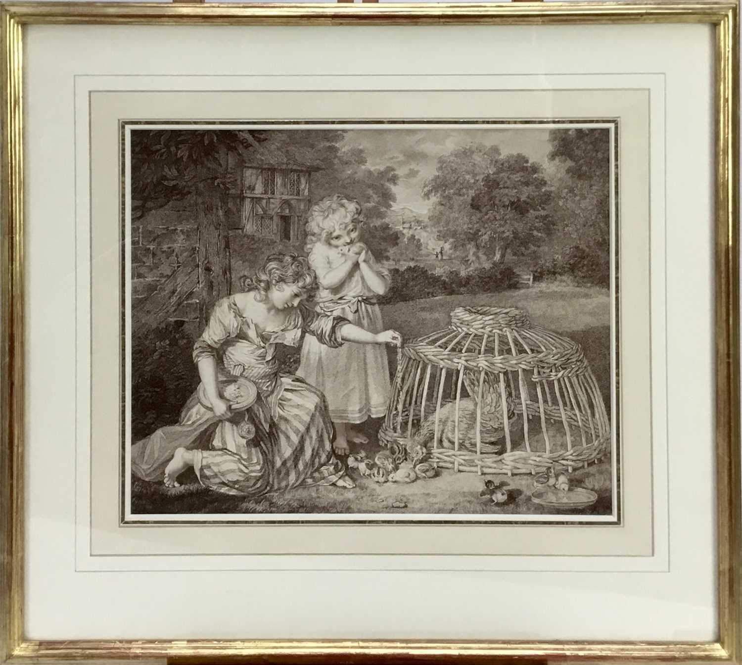 Lot 55 - 19th century stipple engraving - Children with chickens, 33cm x 27cm in glazed gilt frame