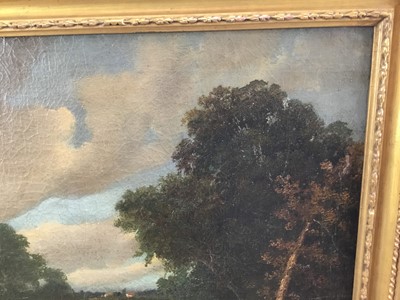 Lot 10 - oil on canvas landscape with fishermen in boat on a lake and village beyond, 52cm x 42cm in gilt frame