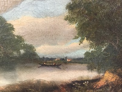 Lot 10 - oil on canvas landscape with fishermen in boat on a lake and village beyond, 52cm x 42cm in gilt frame