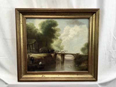 Lot 24 - 19th century English School oil on board - wagon crossing a bridge, 35cm x 31cm in gilt frame