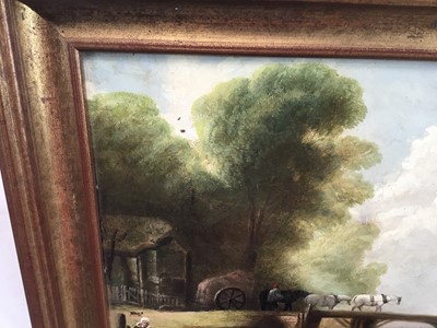Lot 24 - 19th century English School oil on board - wagon crossing a bridge, 35cm x 31cm in gilt frame