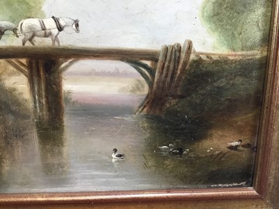 Lot 24 - 19th century English School oil on board - wagon crossing a bridge, 35cm x 31cm in gilt frame