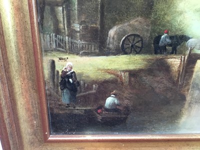 Lot 24 - 19th century English School oil on board - wagon crossing a bridge, 35cm x 31cm in gilt frame