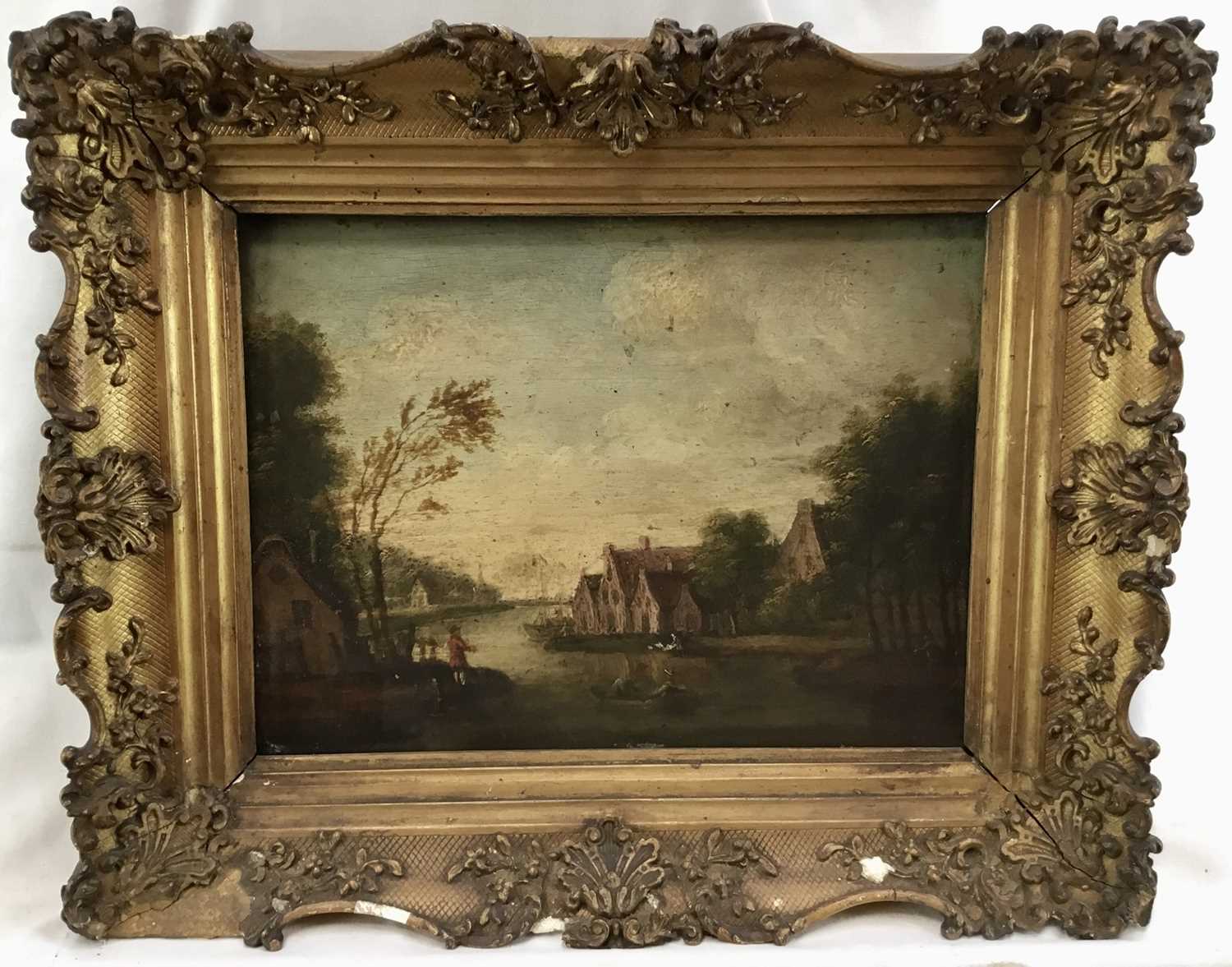 Lot 96 - 19th century English School oil on panel - village beside a river, in gilt frame