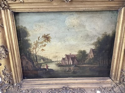 Lot 96 - 19th century English School oil on panel - village beside a river, in gilt frame