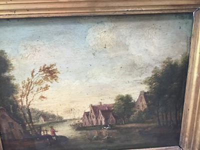 Lot 96 - 19th century English School oil on panel - village beside a river, in gilt frame