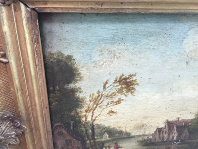 Lot 96 - 19th century English School oil on panel - village beside a river, in gilt frame