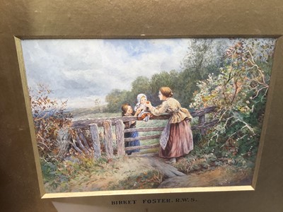 Lot 19 - After Myles Birket Foster RWS (1825–1899) two signed watercolours - ‘Furness Abbey’ 20cm x 13cm and mother with children at a stile 23cm x 16cm, in gilt frames (2)