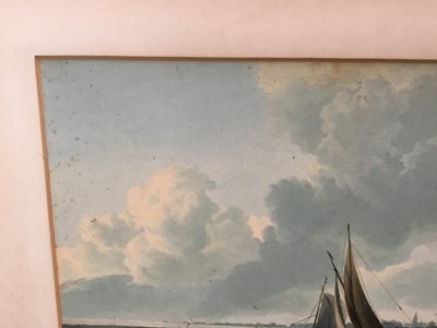 Lot 40 - Dutch School 19th century watercolour - river scene with town beyond, marked Van Der Brock, 49cm x 33cm