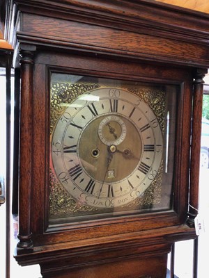 Lot 616 - Early 18th century eight day longcase clock by John Tolson, London with square brass dial in oak case