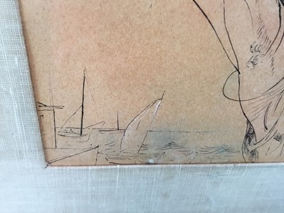 Lot 73 - Victor Tischler (1890-1951) pen and wash, signed - woman holding a catch