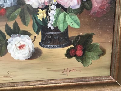 Lot 89 - 20th century oil on wood board - still life with grapes in blue and white bowl