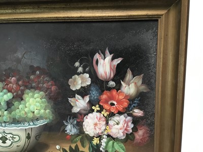 Lot 89 - 20th century oil on wood board - still life with grapes in blue and white bowl