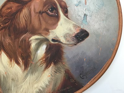 Lot 28 - Colin Graeme (1858 - 1910) painted cuff  cstudy on earthenware plate - head of a collie dog, signed ‘C.Graeme’, 24cm diameter