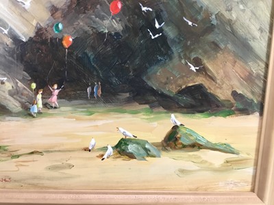 Lot 29 - Deborah Jones (d. 2012 ) oil on board - Children playing on a beach below cliffs, signed, 29cm x 39cm