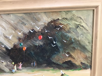 Lot 29 - Deborah Jones (d. 2012 ) oil on board - Children playing on a beach below cliffs, signed, 29cm x 39cm