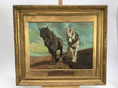 Lot 30 - English school oil on canvas - "Our Heritage", two shire horses pulling a rake, signed and dated P G Hammond 1948, 33 x 44cm