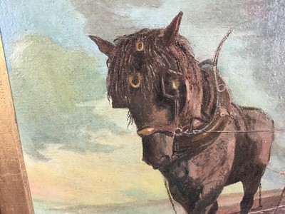 Lot 30 - English school oil on canvas - "Our Heritage", two shire horses pulling a rake, signed and dated P G Hammond 1948, 33 x 44cm
