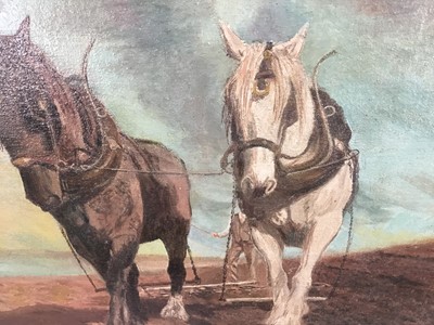 Lot 30 - English school oil on canvas - "Our Heritage", two shire horses pulling a rake, signed and dated P G Hammond 1948, 33 x 44cm