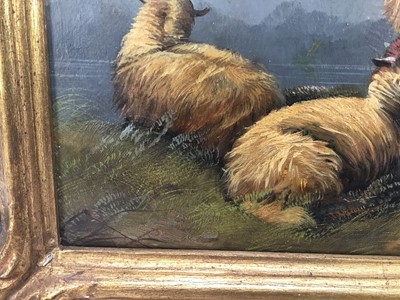 Lot 32 - Manner of John W. Morris oil on board - sheep in a mountainous river landscape, 24cm x 30cm