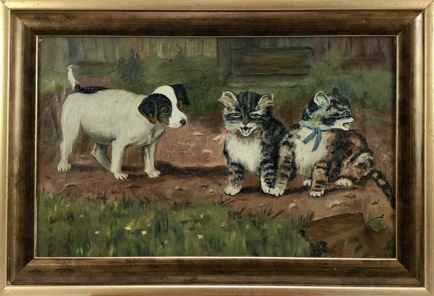 Lot 35 - English school oil on canvas - a puppy and kittens, signed and dated 'May Egdell, 1912'
