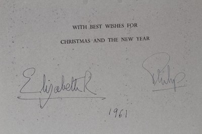 Lot 29 - H.M. Queen Elizabeth II and H.R.H. The Duke of Edinburgh, signed 1961 Christmas card with twin gilt Royal ciphers to cover, colour print of The Holy Family after Rubens to interior