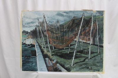 Lot 30 - *Dione Page (1936-2021) gouache and pastel on paper laid on card - 'The Salmon Nets', signed titled and dated '94, 79cm x 60cm, unframed