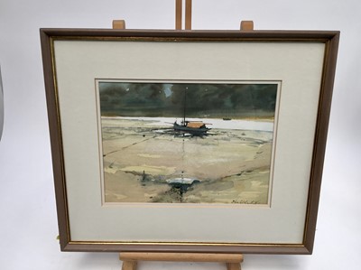 Lot 61 - Charles Bartlett (1921-2014), watercolour - Waiting the Tide, signed, 25cm x 34cm, in glazed frame