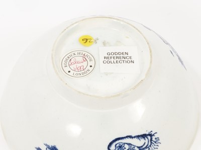 Lot 52 - A rare Isleworth blue and white porcelain bowl, circa 1770, transfer printed with a variation of the Fence pattern on one side, and another Oriental scene verso, with a cornucopia, two birds and a...