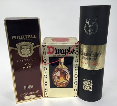Lot 88 - Three bottles - Glenfiddich Pure Malt 1 litre, Dimple whisky and Martell Cognac VS, each in original box