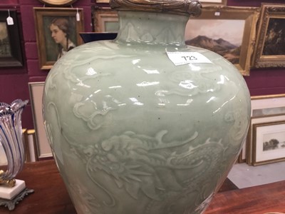 Lot 723 - Chinese celedon glazed vase, now as a lamp with continental ormolu mounts