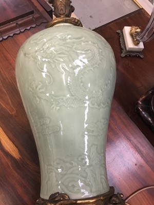 Lot 723 - Chinese celedon glazed vase, now as a lamp with continental ormolu mounts