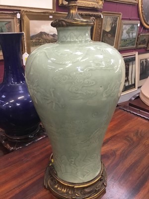 Lot 723 - Chinese celedon glazed vase, now as a lamp with continental ormolu mounts