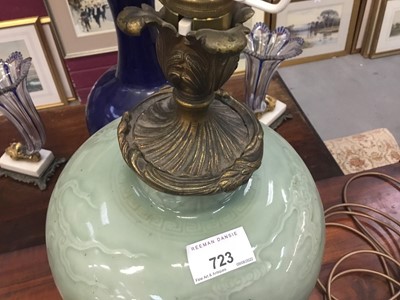 Lot 723 - Chinese celedon glazed vase, now as a lamp with continental ormolu mounts