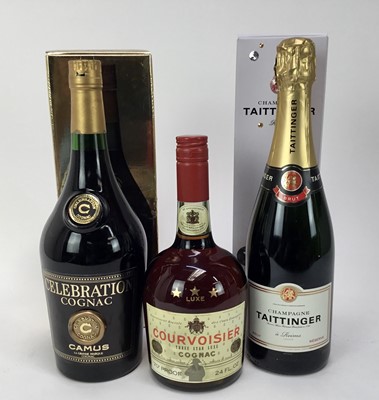 Lot 79 - Three bottles - Taittinger champagne, boxed, bottle of Courvoisier, 70%, and bottle of Camus Celebration Cognac in box)