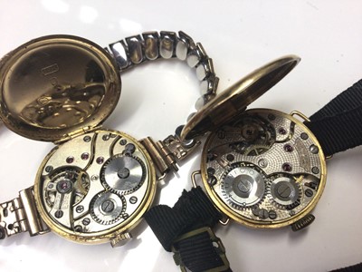 Lot 18 - Two antique 18ct gold cased ladies wristwatches, Labrador silver cased Swiss fob watch on leather watch chain and Waltham gold plated half hunter pocket watch (4)